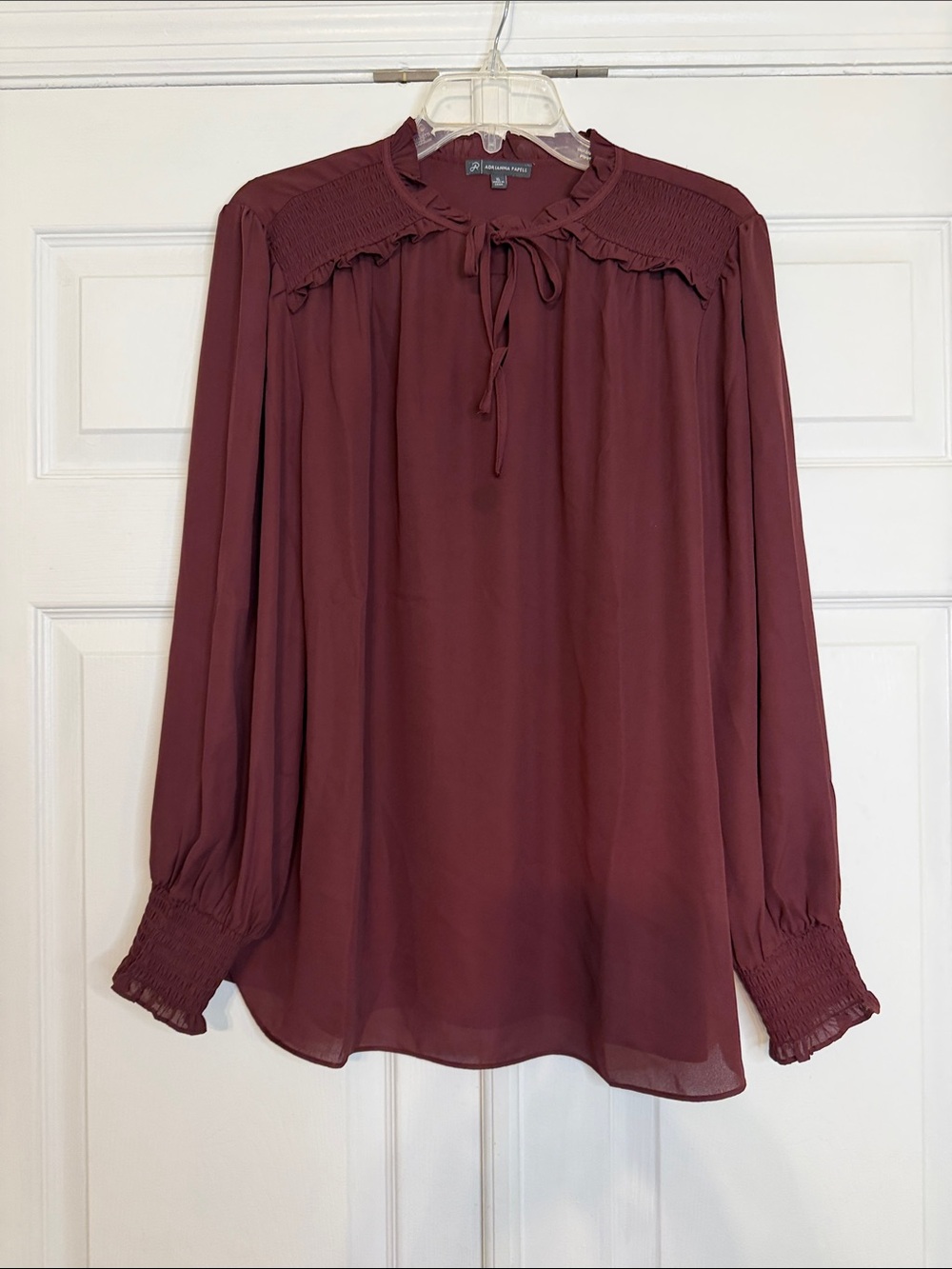 Adrianna Papell Burgundy Tie-Neck Smocked Long-Sleeve Blouse